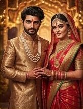 A couple in gold and red, hands joined