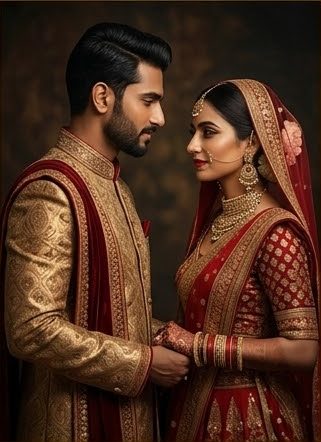 A bride and groom in red and gold, facing one another