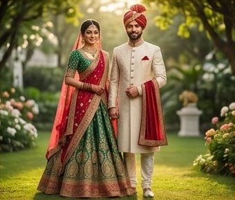 A bride and groom standing in a garden