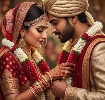 A bride and groom exchanging jasmine and rose garlands