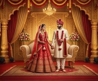 A couple standing together on a decorated mandap