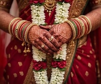 Bride’s hands, decorated with mehndi, holding a jasmine garland