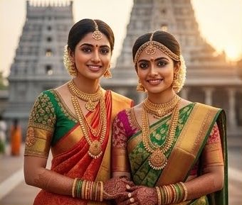Two women in silk sarees and temple jewellery outside a temple gopuram